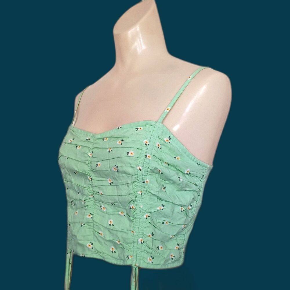 Hollister Mint Green Floral Cinched Ruched Cropped Cami Smocked Back M Coquette